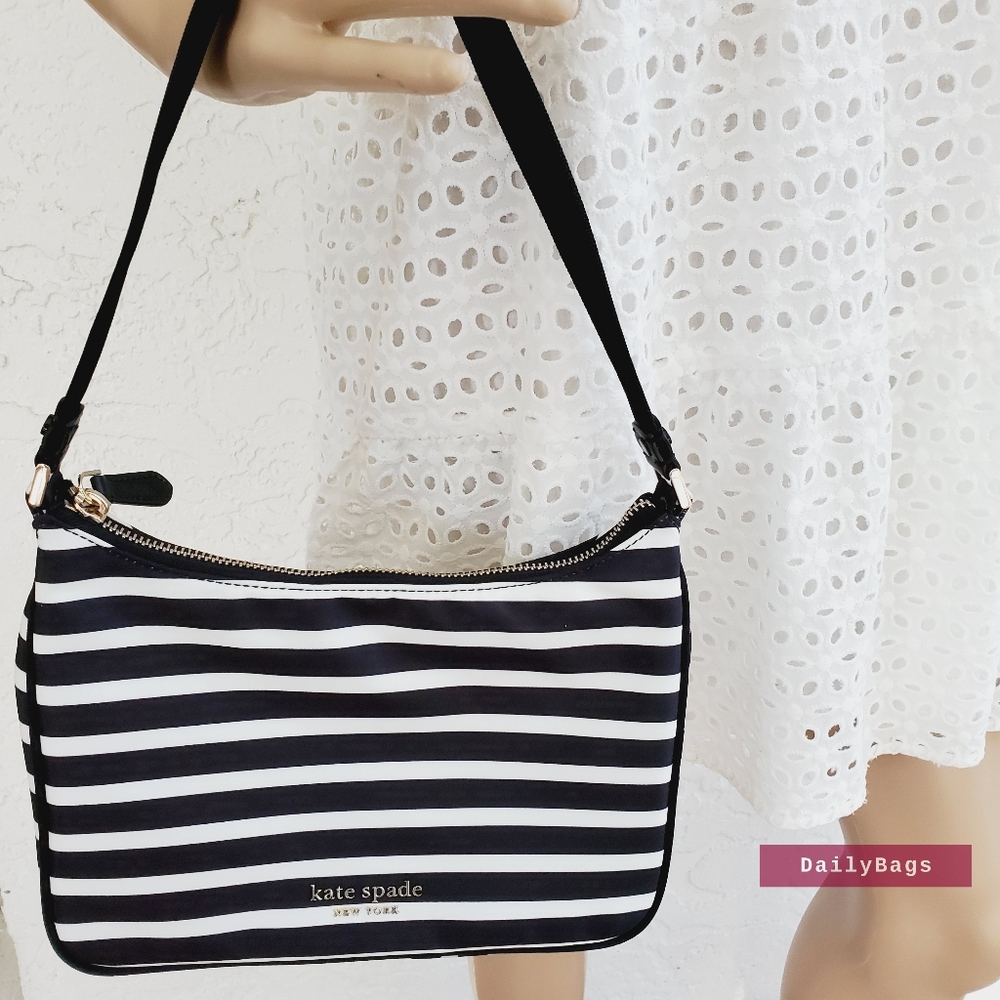 BEAUTIFUL NWT KATE SPADE SAM SMALL SHOULDER BAG STRIPED NYLON BLACK WHITE